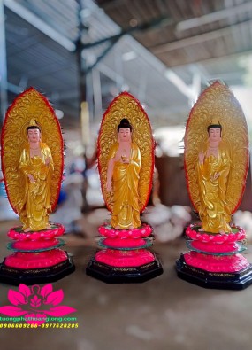 tôn Tượng Tam Thế Phật đứng cao 1,2m lên thân quang 1.4m vàng HL124