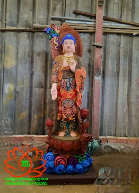 Tôn tượng Phật A Di Đà đứng cao 1.2m luôn hào quang 1,3m gỗ  vẽ gấm HL123