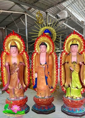 Tôn Tượng Tam Thế Phật đứng cao 1,4m lên thân quang 1.6m màu HL142